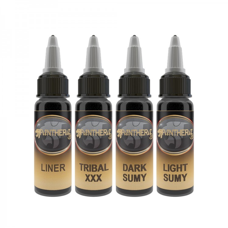 Set PANTHERA Gold Liner - Tribal XXX - Dark Sumy - Light Sumy - 4x 30ml - Colori Tattoo REACH Set PANTHERA Gold Liner - Tribal XXX - Dark Sumy - Light Sumy - 4x 30ml - Colori Tattoo REACH