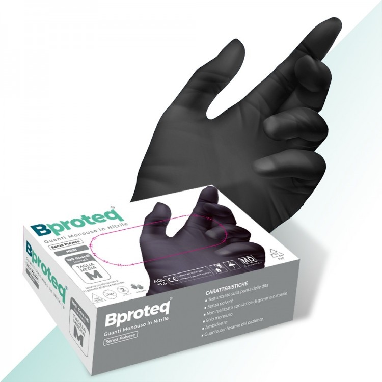 Guanti in Nitrile Neri Certificati CE - Senza Polvere - Bproteq - 100pz. Guanti in Nitrile Neri Certificati CE - Senza Polvere - Bproteq - 100pz.